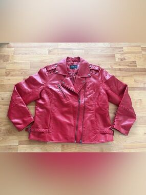 Faux Leather Red Moto Jacket -size XL
